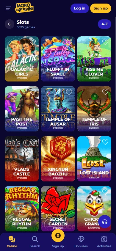 Morospin Casino mobile games screen with pokies and casino categories