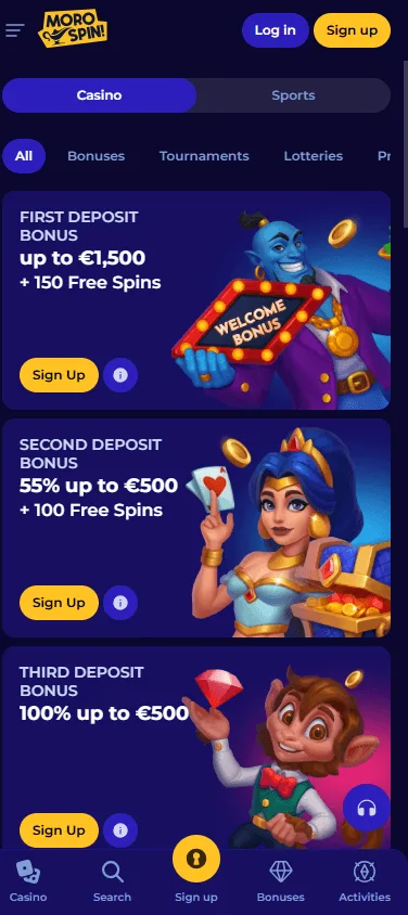 Morospin Casino mobile promotions screen showing bonus offers