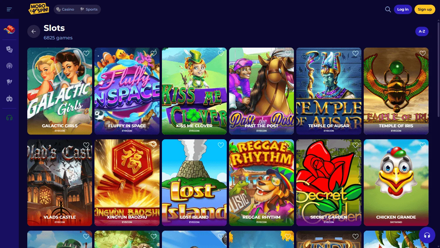 Morospin Casino desktop games screen with pokies and casino categories