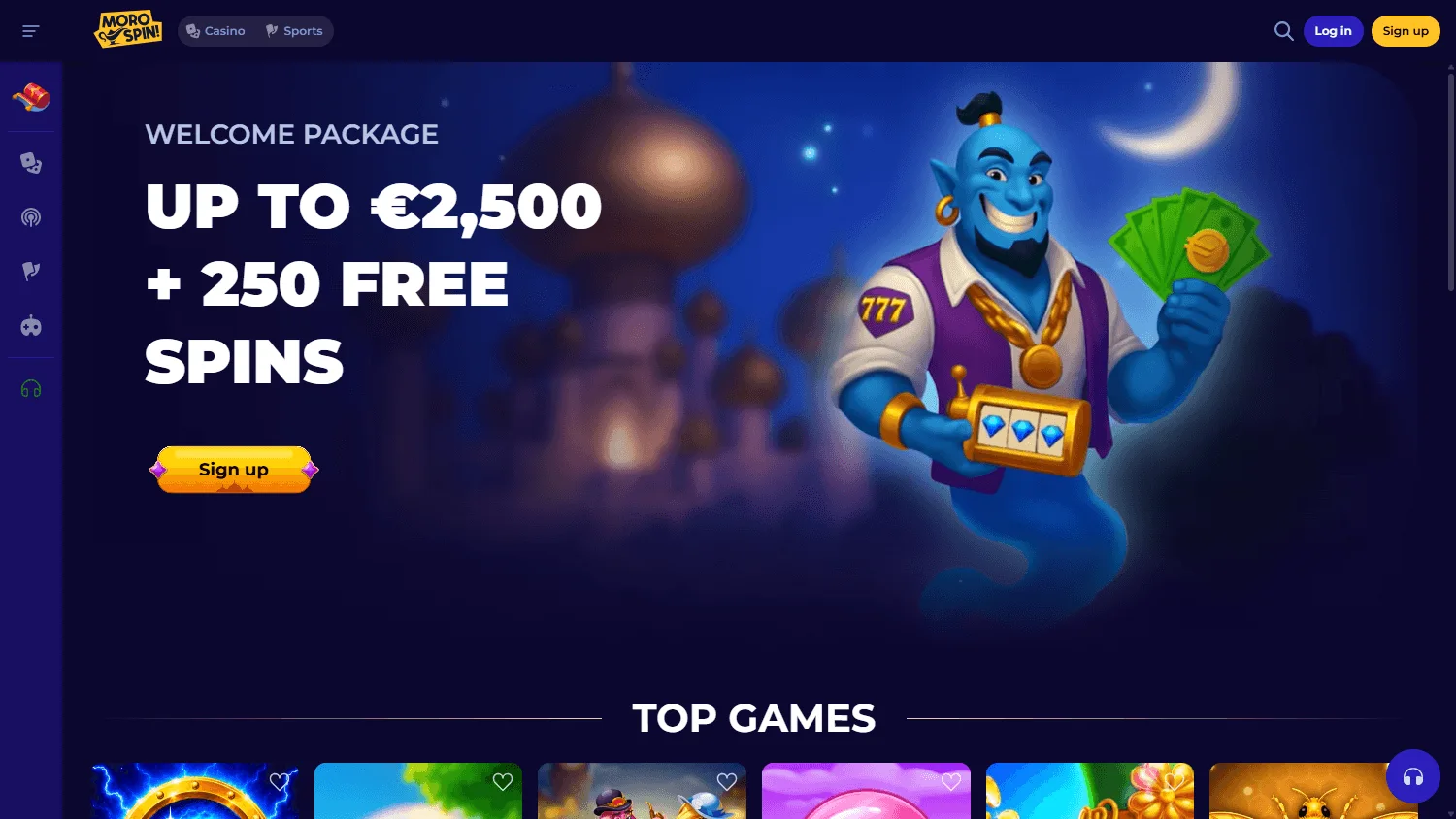 Morospin Casino desktop home screen with casino and sportsbook options