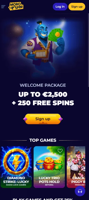Morospin Casino mobile home screen with casino and sportsbook access