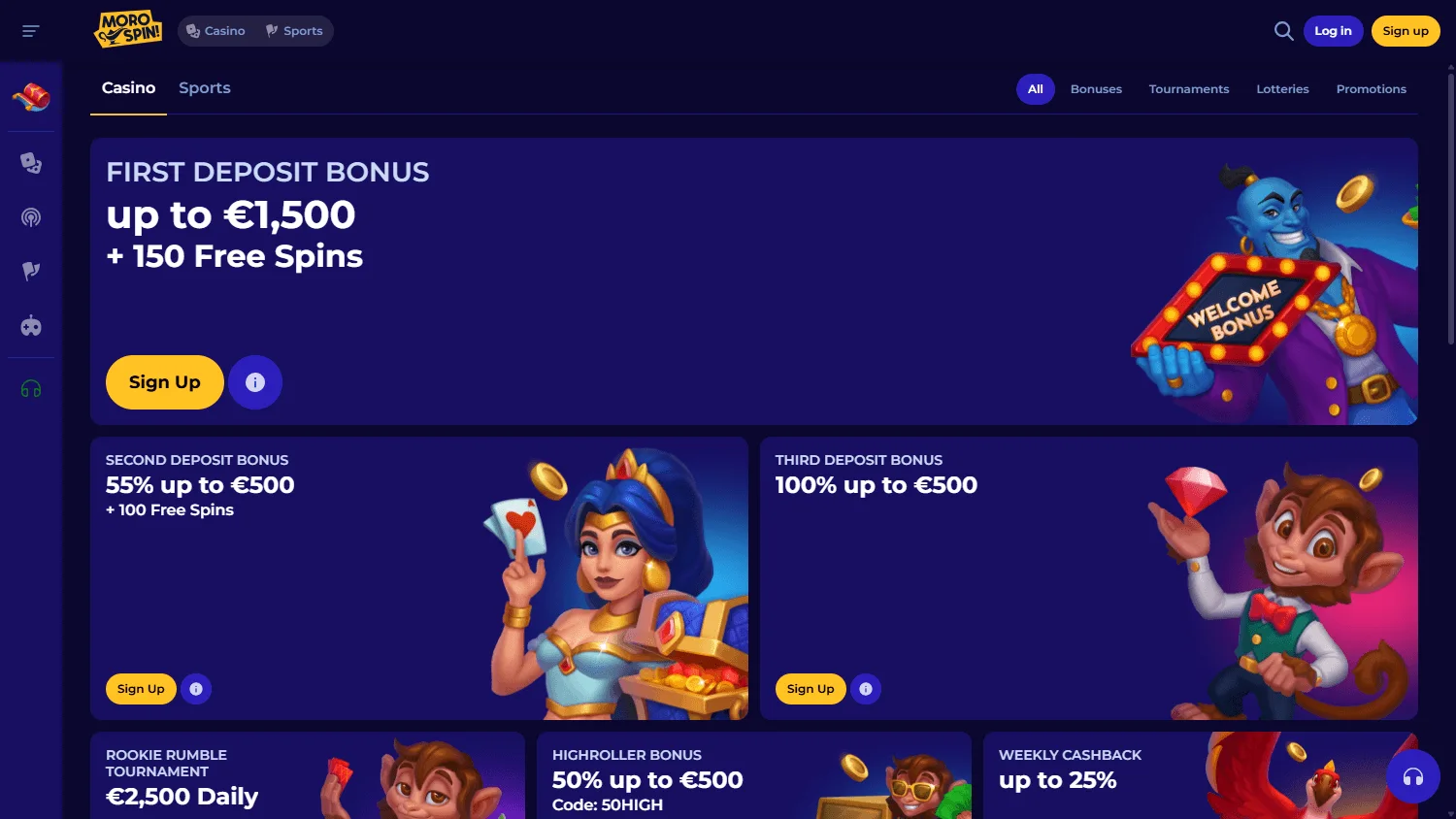 Morospin Casino desktop promotions screen showing bonus offers